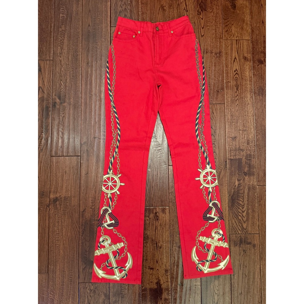 Red Nautical Anchor Chain Jeans Women 28 Y2K Gold Graphic Straight Leg Pants